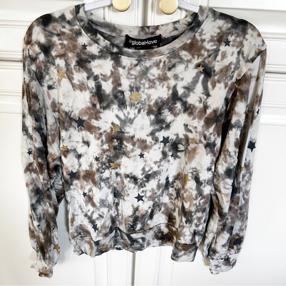 Global Love Women’s Rayon Tie Dye Crewneck Sweatshirt With Metallic Hearts Beige